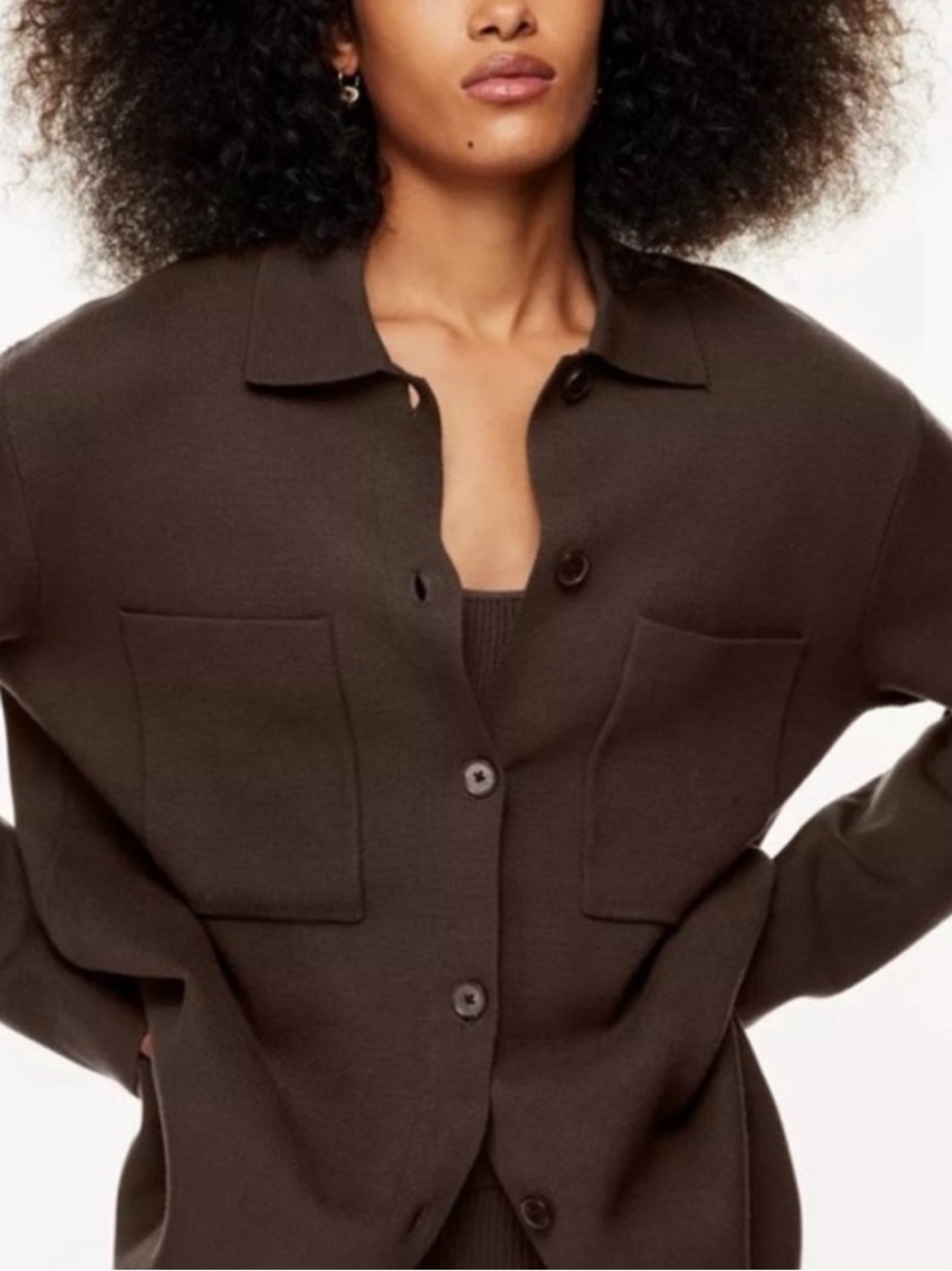 Babaton Society Shirt Jacket Knit Button Down Top Dark Brown Mocha XS
